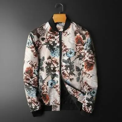 Fall Mens Jacket Floral Printing Jacket Stand Collar Zipper Loose Casual Coat US • $56.65