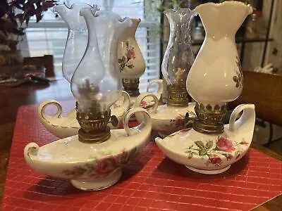 Vintage Aladdin Genie Mini Oil Lamps MOSS ROSE 7 1/2  Roses W/Gold Trim Pair (x5 • $65