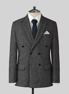 Men Suit Gray Double Breasted Tweed Vintage Check Retro Prom Groom Tuxedo Custom • $101.46