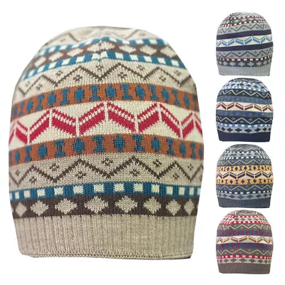 £6.95 • Buy Beanie Hat Mens Women's Unisex Fair Isle Knit Geometric Knitted Winter Hat UK