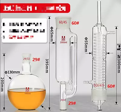 Lab Glassware Soxhlet Extractor Set Kit 1000ml Snake Condenser #60 29/32 • $189.71