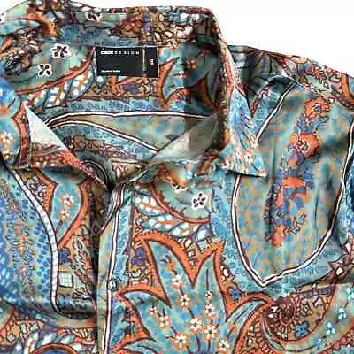 ASOS DESIGN Relaxed Satin Shirt  Mens 2XL Brown & Blue Paisley Print  • $19.99