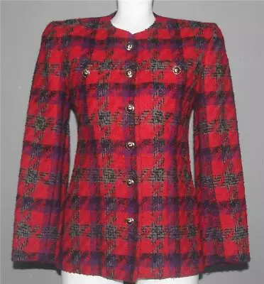 VTG Red Purple Black No Collar Lined 2-Pkt Houndstooth Wool Boucle Blazer Wms M? • $34.99