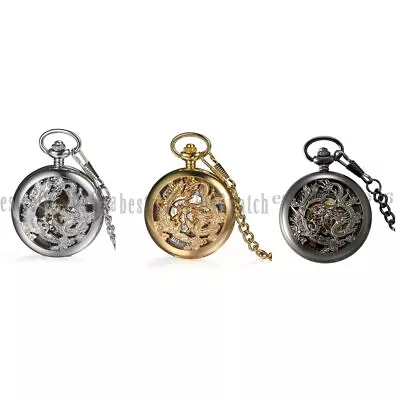 Steampunk Vintage Skeleton Mechanical Windup Pocket Watch Pendant Chain Necklace • $39.99