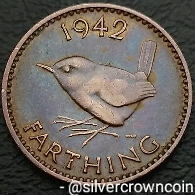 UK Great Britain Farthing 1942. KM#843. 1/4 Quarter Penny Cent Coin. Bird. WWII. • $5.12