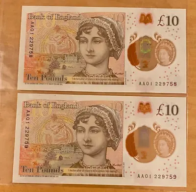 £10 Ten Pound Uncirculated Notes. Two  AA 01 Low Consecutive Numbers ! • £75