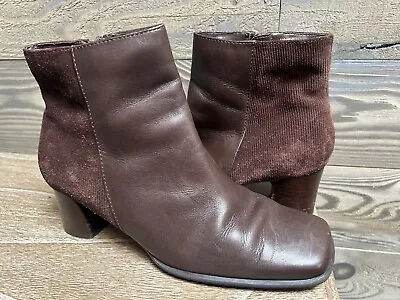 Vtg Boots Womens 7.5 Brown  Leather Chunky Block Heel Ankle Zip Y2k Suede • $20.50