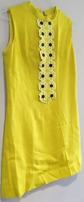 1960's '70's Very Yellow Size 13-14 Sheath Sleeveless Dress~Flower Front~Wear It • $9.99