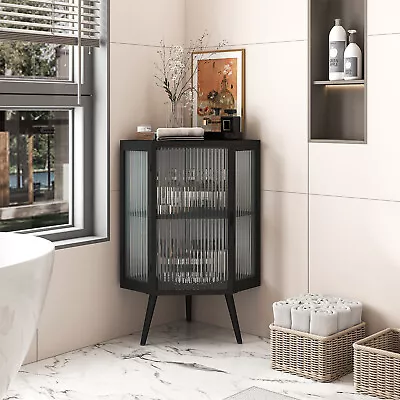 Coner Buffet Cabinet Bathroom Cabinet W/Tempered Glass Door And Adjustable Shelf • $143.09