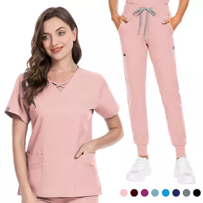 Stretch Nurse Uniform Women Scrub Sets V-Neck Tops Jogger Pants Medical Academy • $27.99