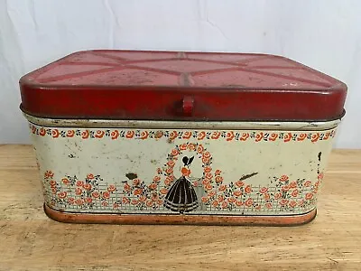 Vtg Vented Tin Bread Box W/ Hinged Lid Lady Garden Roses Fence Gate 13.5x9.5x6.5 • $34.95