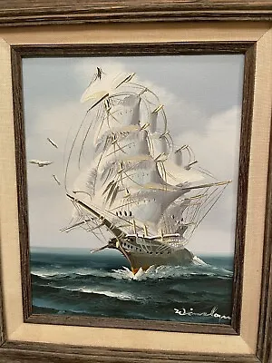 Vintage Seascape Oil Painting W/Frame Clipper Ship On High Seas - Signed • $110