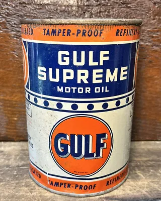 $125 • Buy Vtg 1940s Gulf Supreme Motor Oil 1 Quart Oil Can Tin Solder Seam Bullseye Can
