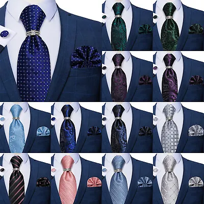 Men Ties Silk Wedding Striped Blue Necktie Hanky Cuffs Ring Set Christmas Checks • $8.95