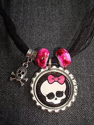 Black Ribbon Bottle Cap Bling Charm Bead Necklace Monster High School Skull Bow • $10