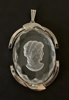 Vintage Clear Glass Cameo Reverse Intaglio Pendant Carved Crystal Silver Tone • $8.25