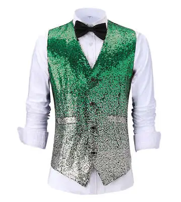 Mens Formal Gradient Sequined Suit Vest Classic Fit Waistcoat V-neck For Wedding • $32.98
