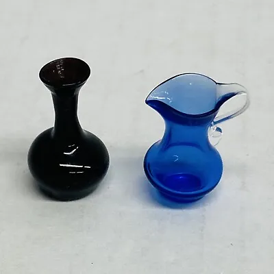 Miniature Dollhouse Vase & Pitcher Handblown Glass Bottles Blue & Deep Purple • $16