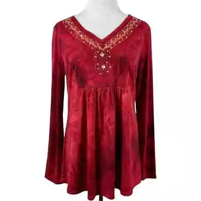 Monroe & Main Top Women Medium Red Tie Dye Beaded Mesh Sequin V-Neck Long Sleeve • $14.98