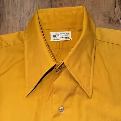 Vintage 60s 70s Mens Shirt Disco Tapered Dagger Collar Mid-century Gold Large 16 • $19.99