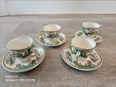 Set Of 4 Staffordshire Myott England Chelsea Bird Green Demitasse Cup & Saucers • $20