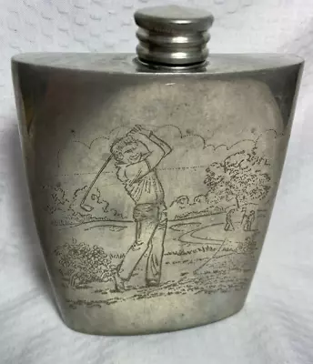 Vintage 1960s Comoy’s Pewter 6 Ounce Flask With Engraved Golfers • $27