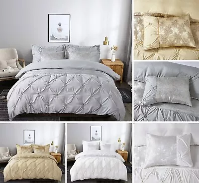 3Pcs Jacquard Duvet Cover Quilt Pintuck Bedding Set With Matching Pillow Cases • £28.99