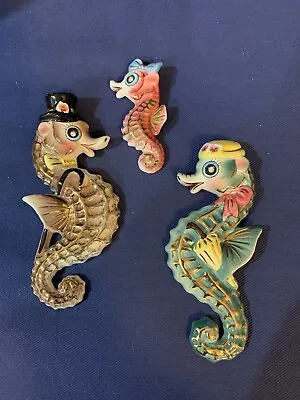 Vintage Seahorse Family PY Anthropomorphic Rhinestone Ceramic Wall Hanging Japan • $599.99