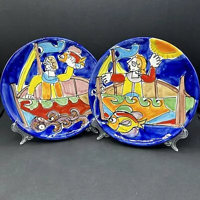 Set Of 2 Colorful La Musa Hand Painted Plates Italy Fishing Octopus Boat 8” • $45