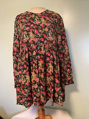 Vintage 90s Floral Babydoll Mini Dress Long Sleeve Tunic  Size M L  Grunge Boho • $28