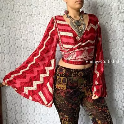 Indian Vintage Silk Sari Bell Sleeve Crop Top Retro 60s Clothing Lot Of 10 Pcs • $200.50