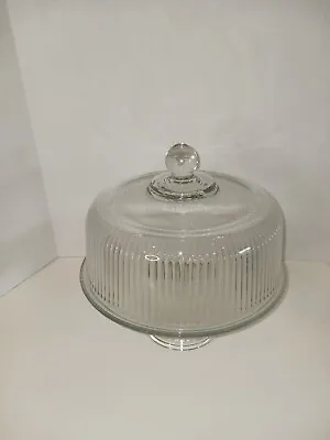 Vintage Clear Ribbed Glass 11  Pedestal Cake Stand & Dome Lid • $65