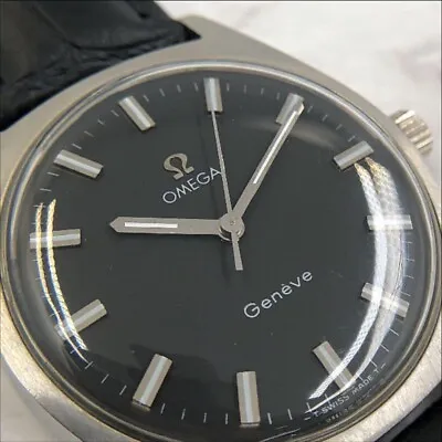 Omega Geneve Men's Watch Manual Winding Black Dial Analog Leather Band 34mm • $826.63