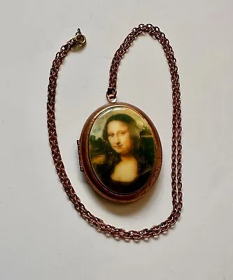 Vintage Copper Oval Locket W Mona Lisa Image 1 3/4  Necklace 24  Photo READ • $17.95