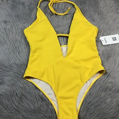 Zaful Womens Yellow Ribbed One Piece Halter Swimsuit Sz 6 • $19.99