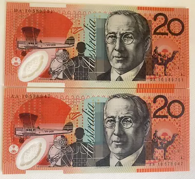 Uncirculated Australia 2010 $20 Banknote AA10 DA10 First & Last Prefix Set • $99.99