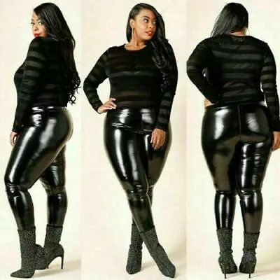 Women Plus Size PVC Latex VINYL LOOK SHINY Leggings UK Size 8-24 • $17.56