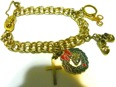 VTG MONET  Double Link Charm Bracelet GoldTone Sterling WELLS Wreath GF Cross • $50