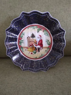 Villeroy & Boch~RARE~Christmas Plate/Bowl~Dk.Blue W/Gold Toys~ Santa & Bag~ 9  • $27