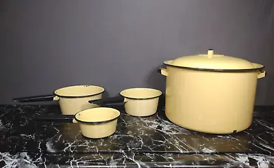 Vintage Porcelain Enamel Yellow Black Trim Graniteware Pot & Pans Set 5 Qt Qty 4 • $33.14