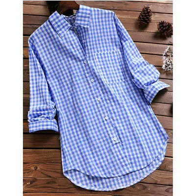 Plus Size Women Long Sleeve Check Plaid Loose Casual Christmas Shirt Tops Blouse • £12.77