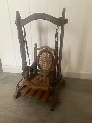 Vintage Handmade Miniature Wicker Woven Carbed Wood Doll Chair Swing • $79