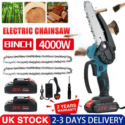 2 Batteries 8'' 4000W Mini Cordless Chainsaw Electric One-Hand Saw Wood Cutter • £14.39