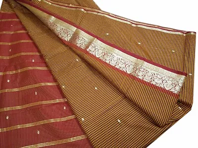 Vintage Indian Sari Art Silk Check Print & Thread Woven Yellow Saree Y10264 • $22.95