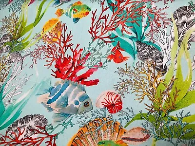 Aqua Sea World Coral Fabric Curtain Cotton Material Marine Seahorse Shell -280cm • £1.50