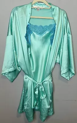 Victorias Secret Medium Lingerie Set Robe Slip Dress Blue Lace Sleepwear Wedding • $21.99