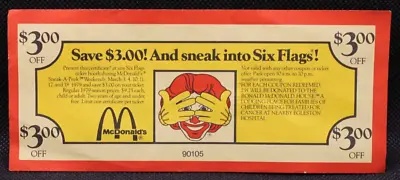 Vintage McDonald's Sneak-A-Peek Six Flags $3 Coupons 1979 Various Conditions • $3.50