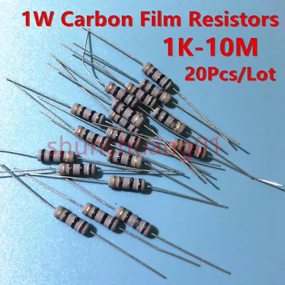 20Pcs 1W Carbon Film Resistors 1K-10M 4.7K 10K 100K 22K 47K 2.2K 1M  220K ±5% • £1.63