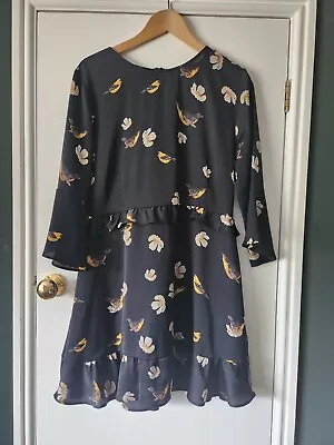 ZARA Black Ruffle Bird Print Bell Sleeve Dress Sz: L • £6