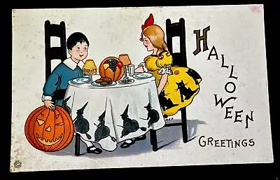 Antique Postcard Stecher Halloween Boy Girl TABLE Cat Pumpkin C 1915 Witch 400 B • $33.99